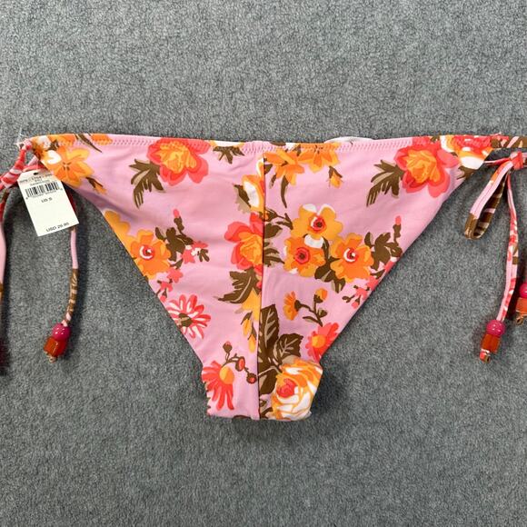 Aerie Floral Ruffle Beaded Tie Bikini Cheeky Bottoms Size Small Pink Orange New - Picture 10 of 10